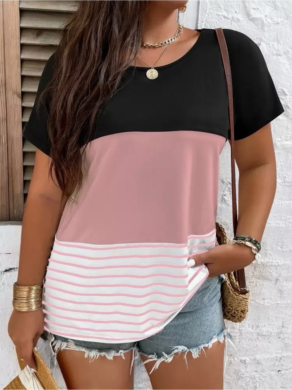SHEIN Black and Pink Colorblock Short Sleeve Top